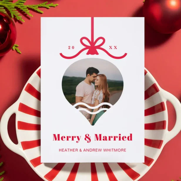 Merry & Married Bow Ornament Photo First Christmas Letterpress Photo Cards