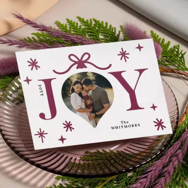 Minimal Bold Joy Family Photo Ornament Bow & Stars Letterpress Photo Cards