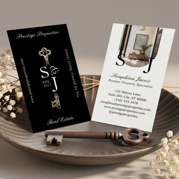 Minimal Elegant Key Monogram Stylish Arch Photo Business Card