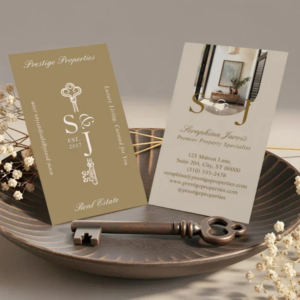 Minimal Elegant Key Monogram Stylish Arch Photo Golden Yellow Business Card