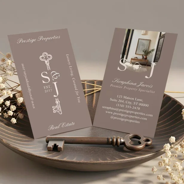 Minimal Elegant Key Monogram Stylish Arch Photo Beige Taupe Business Card
