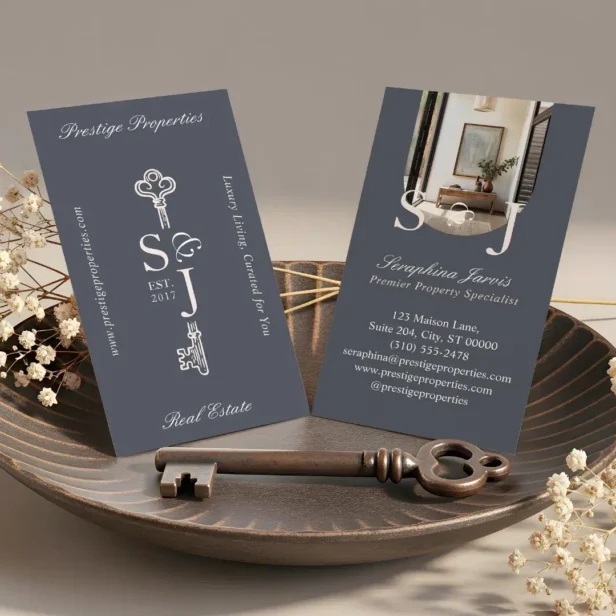 Minimal Elegant Key Monogram Stylish Arch Photo Grey Business Card