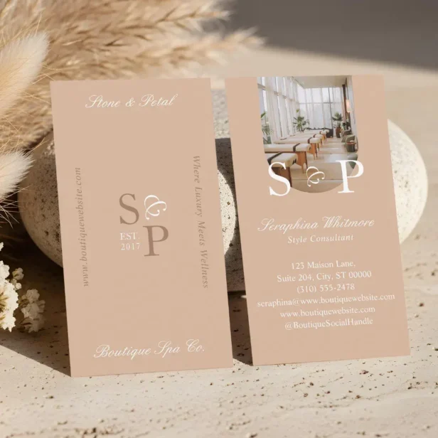 Minimal Elegant Simple Monogram Stylish Arch Photo Peach Business Card