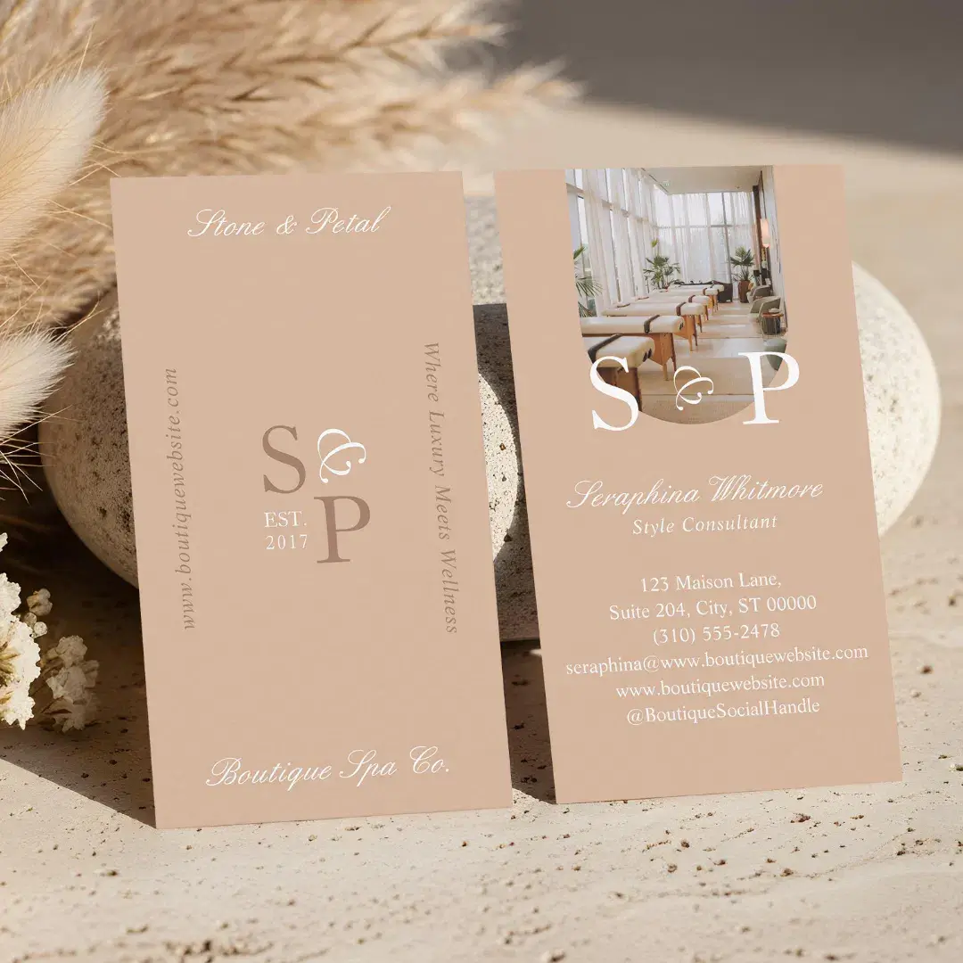 Minimal Elegant Simple Monogram Stylish Arch Photo Peach Business Card