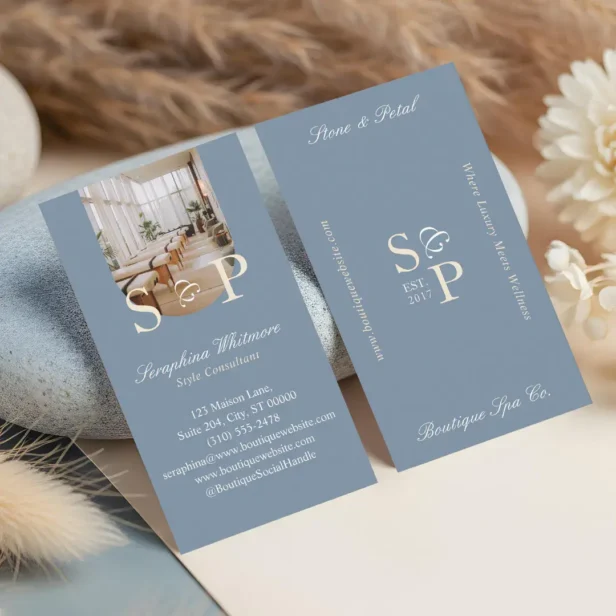 Minimal Elegant Simple Monogram Stylish Arch Photo Blue Business Card