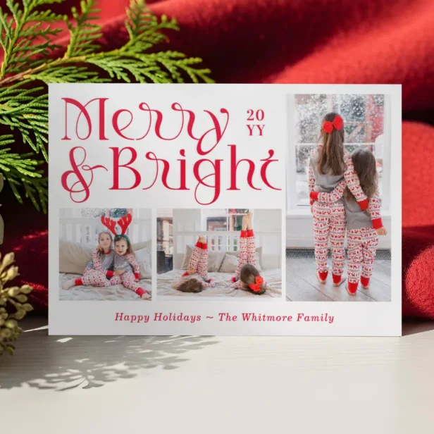 Minimal Fun Merry & Bright Photo Collage Christmas Letterpress Photo Cards