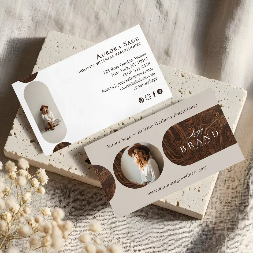 Elegant Minimal Holistic Celestial Moon Photo Luxe Woodgrain Business Card