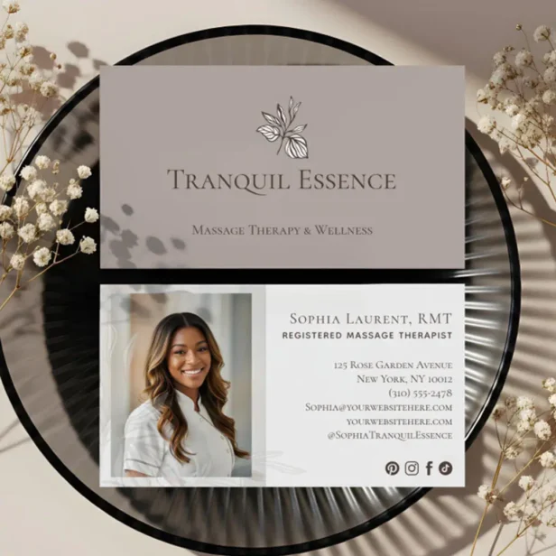 Minimal Leaf Registered Massage Therapist Photo Beige Business Card