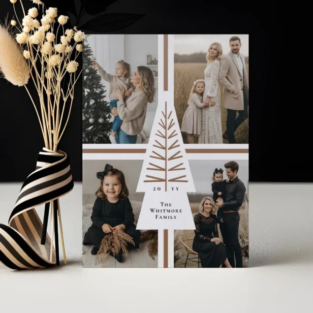 Minimal Modern 4 Photo Grid Pine Tree Christmas Letterpress Photo Cards