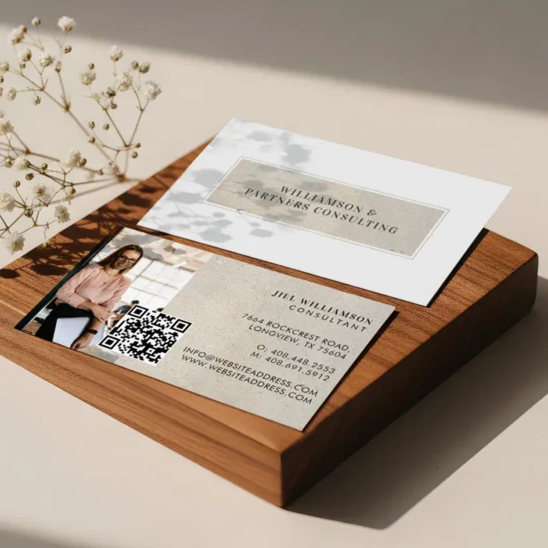 Minimal Modern Beige Stone texture Photo QR Code Business Card