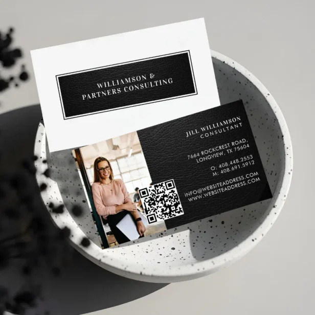 modern,minimal,minimal photo business card,luxury photo business card,professional business consultant,minimalist,professional business photo,realtor,qr code business card,black leather texture business card