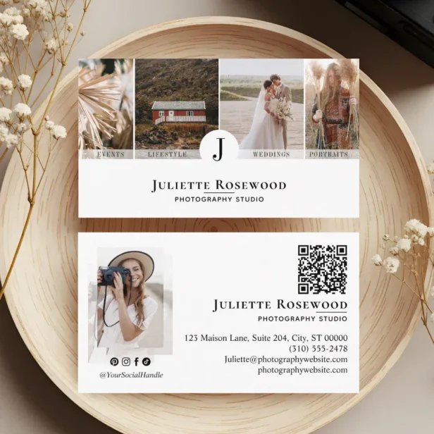 Minimal Modern Elegant Photographer Photo Gallery White Business Card