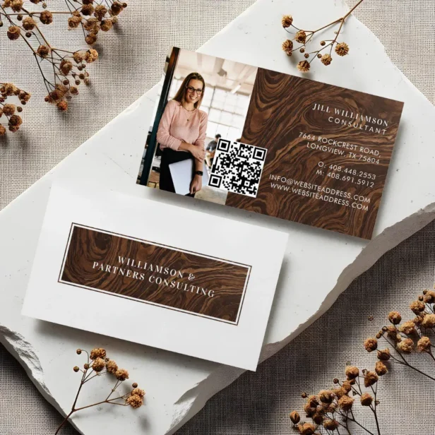 Minimal Modern Elegant Woodgrain Photo QR Code Business Card