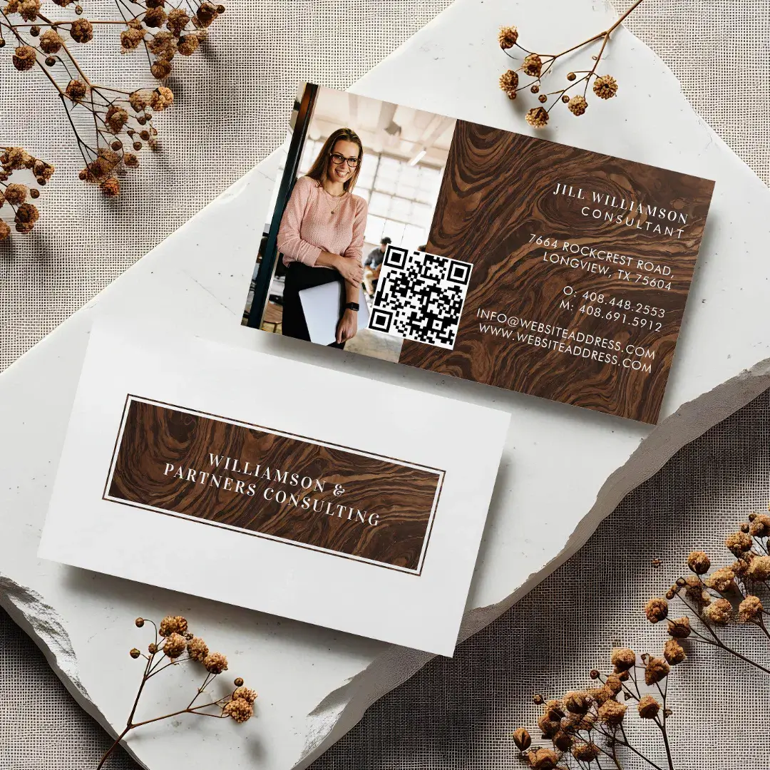 Minimal Modern Elegant Woodgrain Photo QR Code Business Card