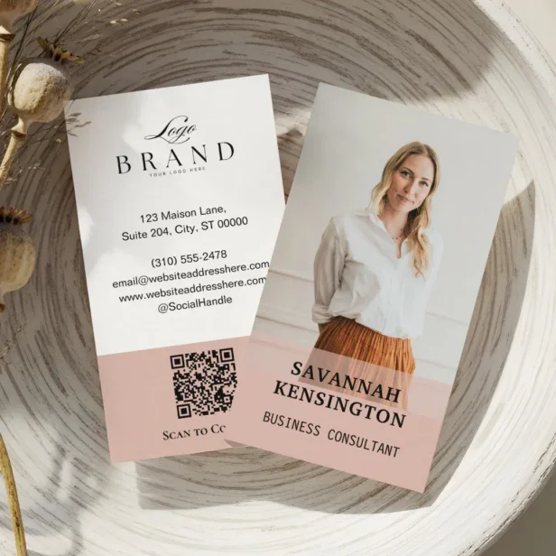 Minimal Modern Professional Photo Company Logo QR Pink Business Card