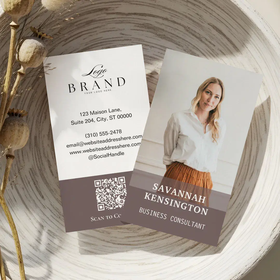 Minimal Modern Professional Photo Company Logo QR Taupe Business Card