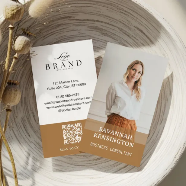 Minimal Modern Professional Photo Company Logo QR Burnt Yellow Business Card