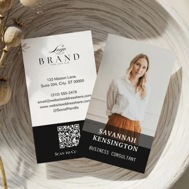 Minimal Modern Professional Photo Company Logo QR Black Business Card