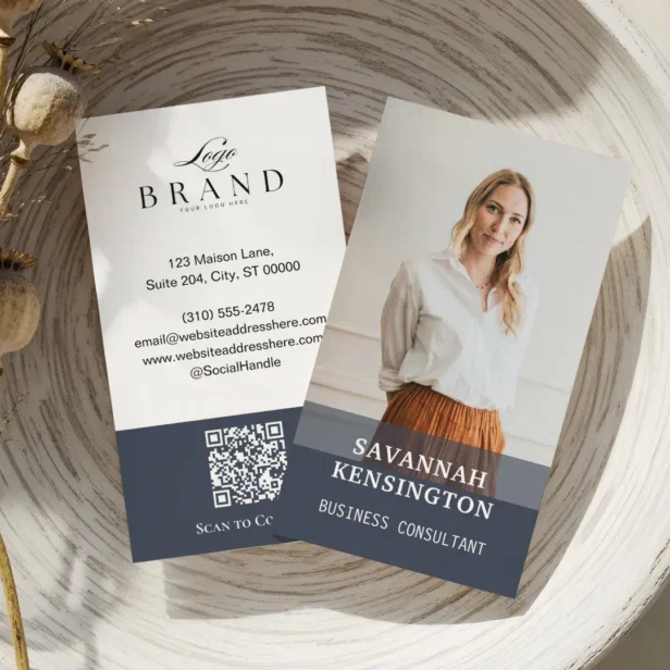 Minimal Modern Professional Photo Company Logo QR Blue Business Card