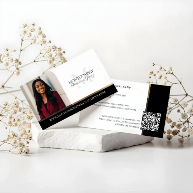 Minimal Monogram Financial Professional Photo Lux Black Business Card