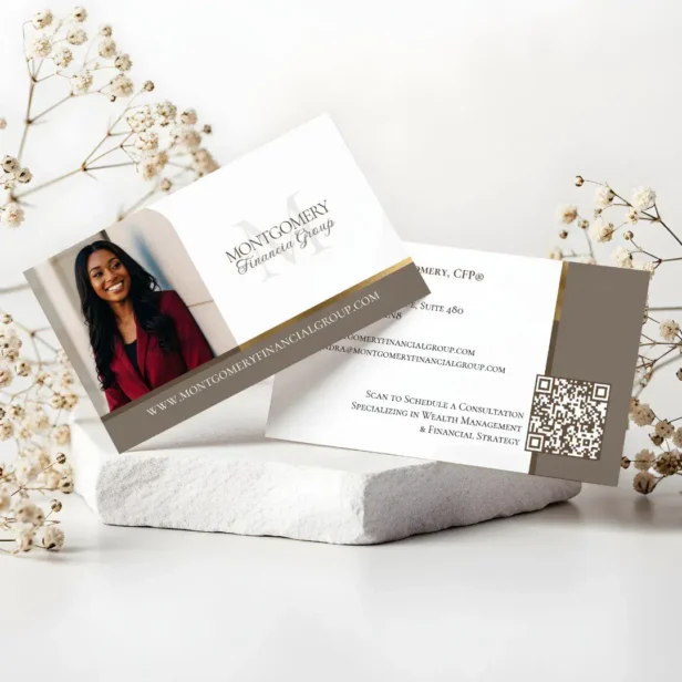 Minimal Monogram Financial Professional Photo Lux Beige Business Card