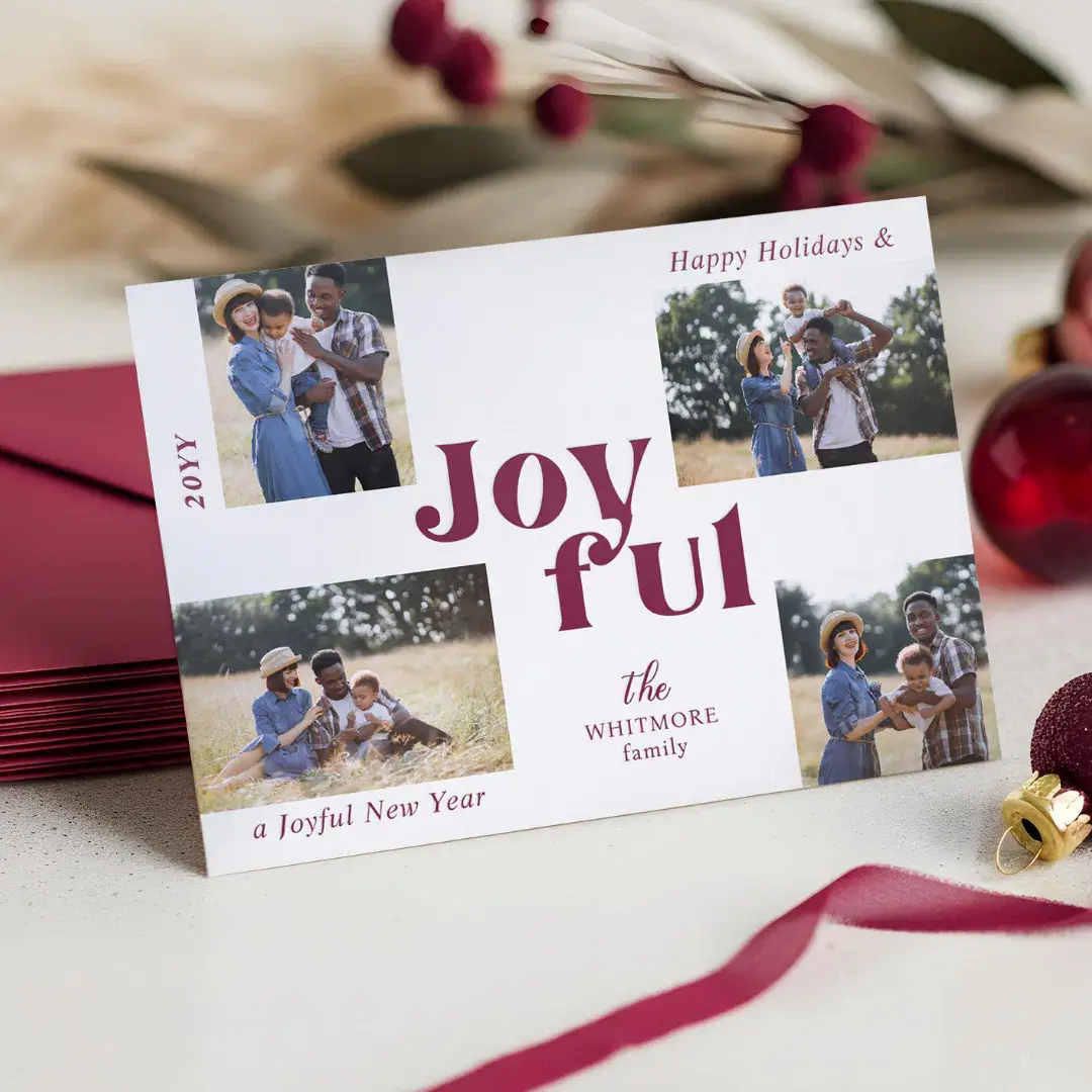 Minimal Photo Collage Joyful Typography Christmas Letterpress Photo Cards