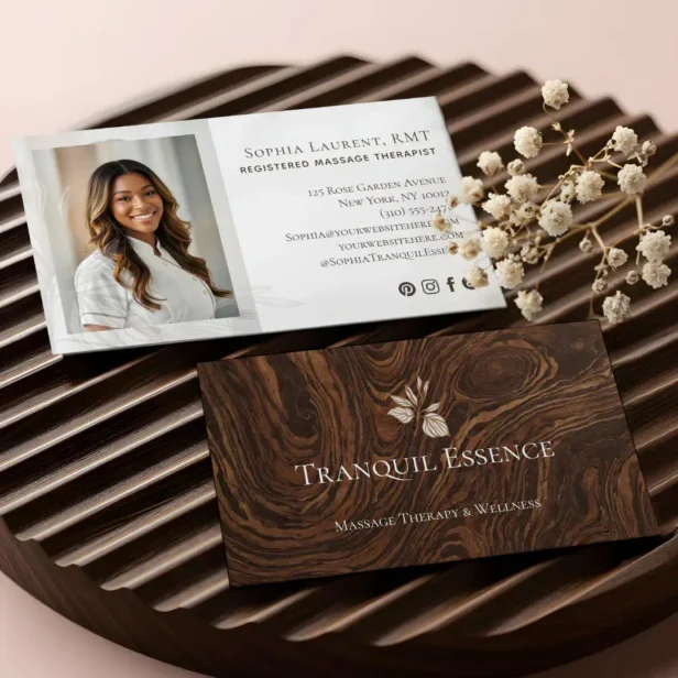 Minimal Woodgrain Leaf Massage Therapist Photo Business Card