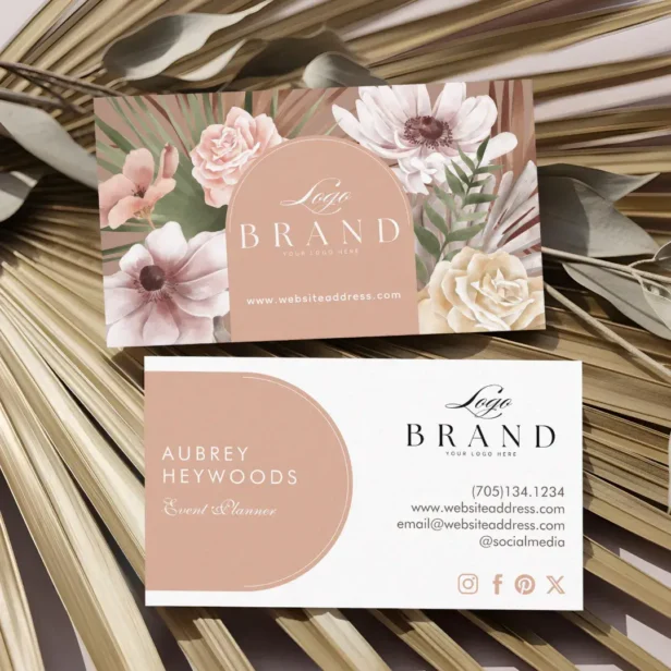 Modern Bohemian Watercolor Boho Florals Arch Logo Beige Business Card