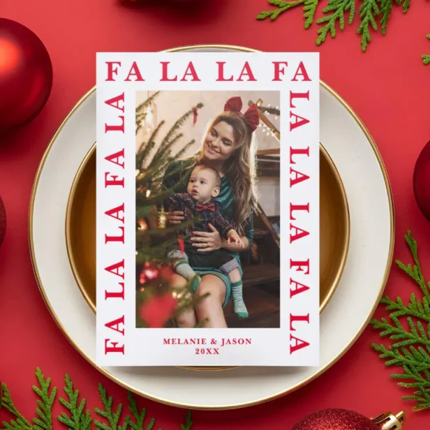 Modern Bold Fa La Typography Fun Photo Christmas Letterpress Photo Cards