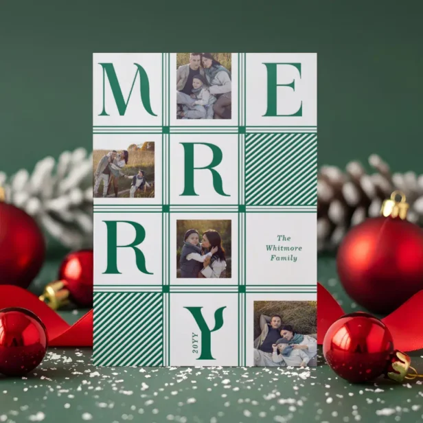 Modern Checkerboard Plaid Photos Merry Christmas Letterpress Photo Cards