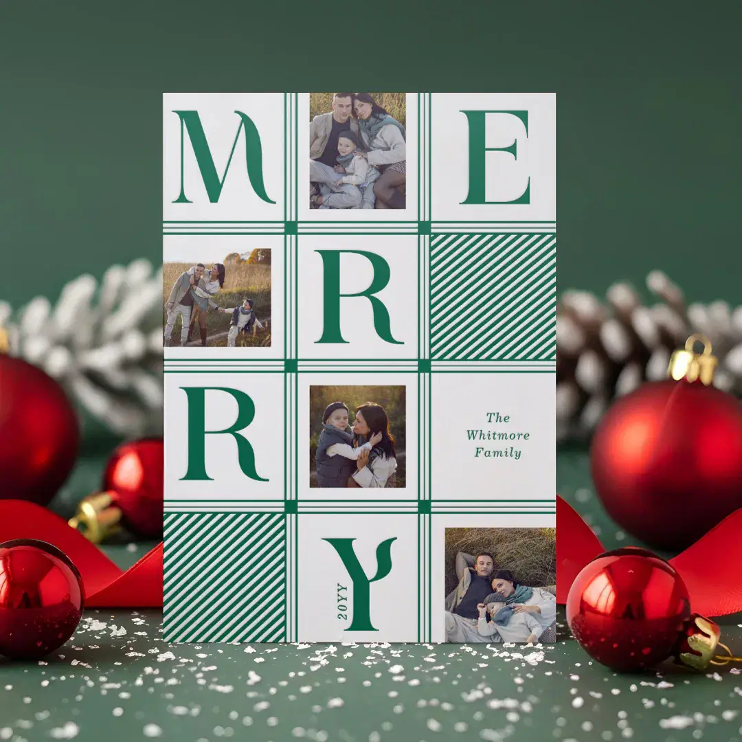 Modern Checkerboard Plaid Photos Merry Christmas Letterpress Photo Cards