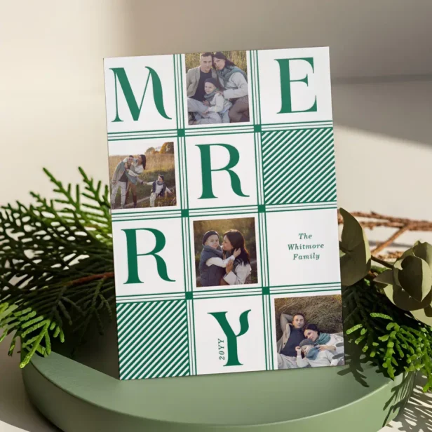 Modern Checkerboard Plaid Photos Merry Christmas Letterpress Photo Cards