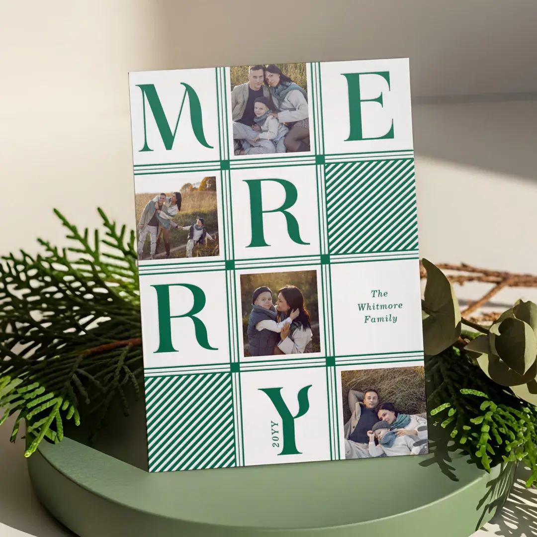 Modern Checkerboard Plaid Photos Merry Christmas Letterpress Photo Cards