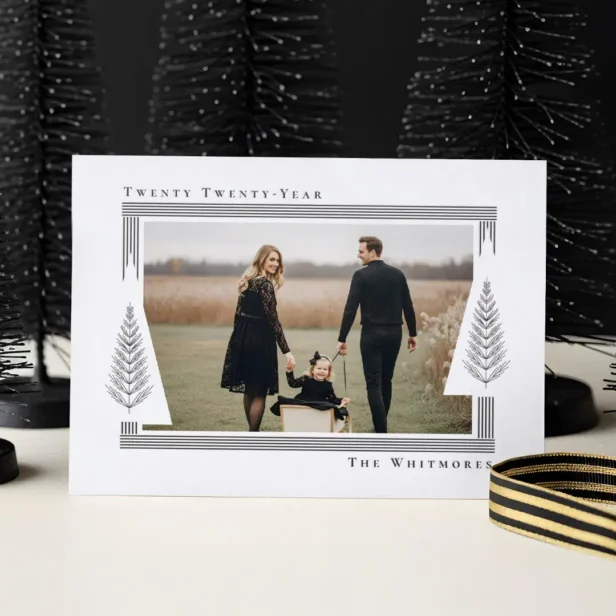 Modern Elegant Frame Evergreen Trees Christmas Letterpress Photo Cards