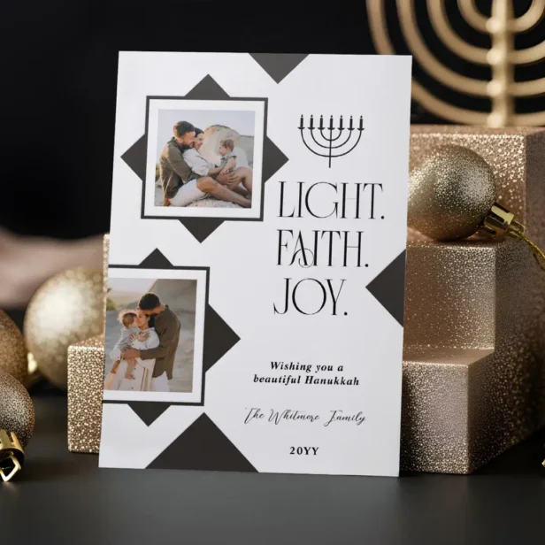 Modern Elegant Star Family Photos Hanukkah Menorah Letterpress Photo Cards