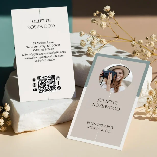 Modern Minimal Photo Photography Professional Beige Blue Business Card