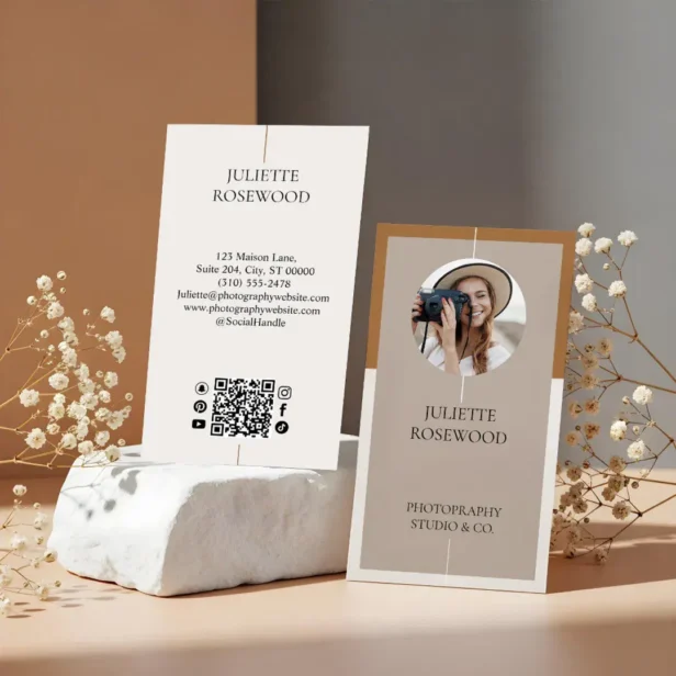 Modern Minimal Photo Photography Professional Beige Business Card