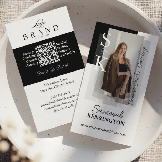Modern Professional Photo Monogram & Logo QR Code Black Business Card