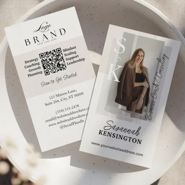 Modern Professional Photo Monogram & Logo QR Code White Business Card