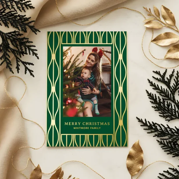 Modern Retro Ornament Pattern Photo Christmas Foil Green Holiday Card