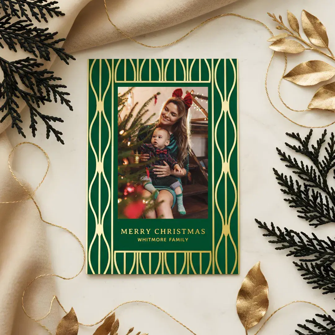 Modern Retro Ornament Pattern Photo Christmas Foil Green Holiday Card