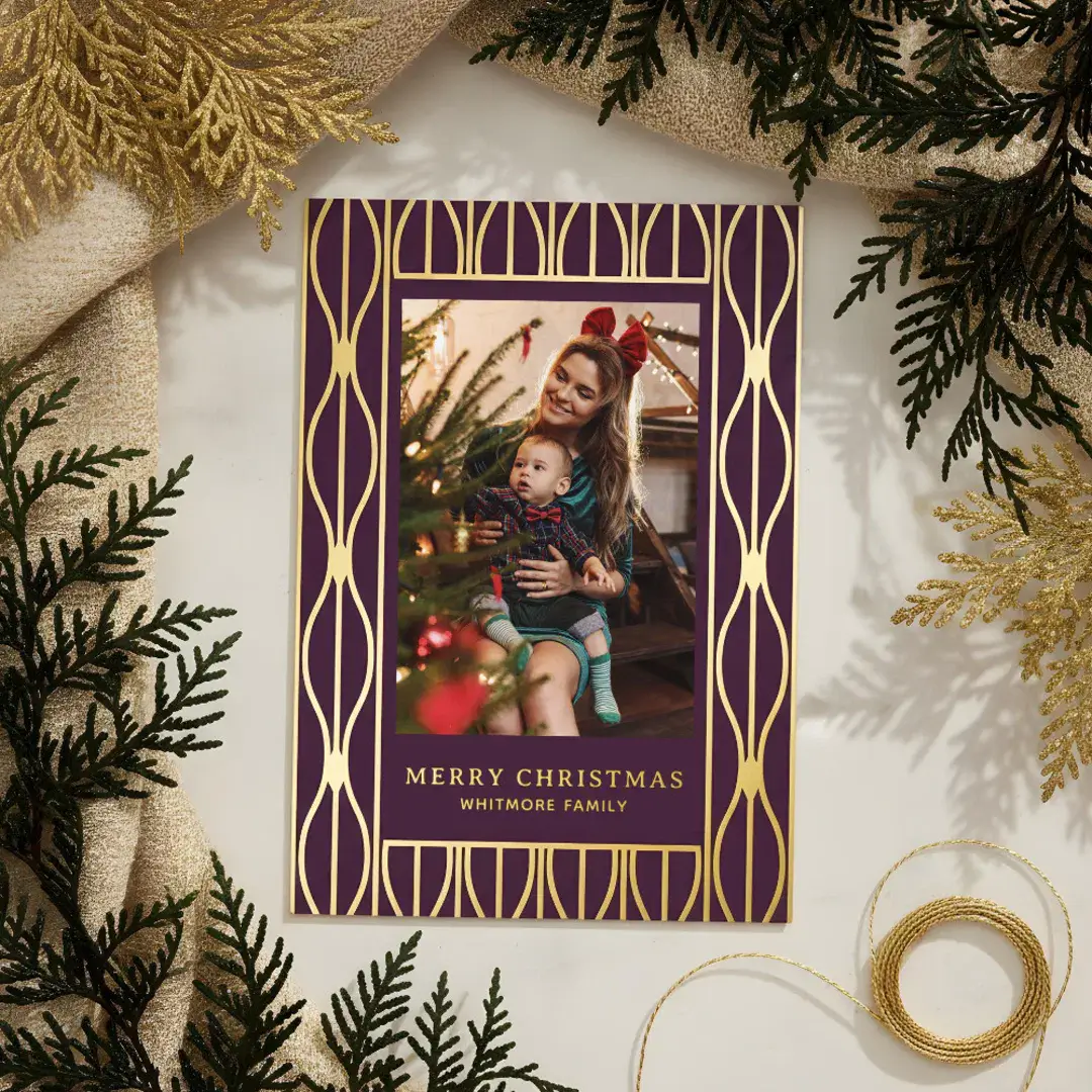 Modern Retro Ornament Pattern Photo Christmas Foil Burgundy Holiday Card