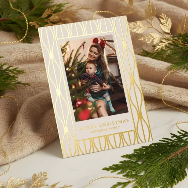 Modern Retro Ornament Pattern Photo Christmas Foil Beige Holiday Card