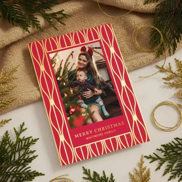 Modern Retro Ornament Pattern Photo Christmas Foil Red Holiday Card