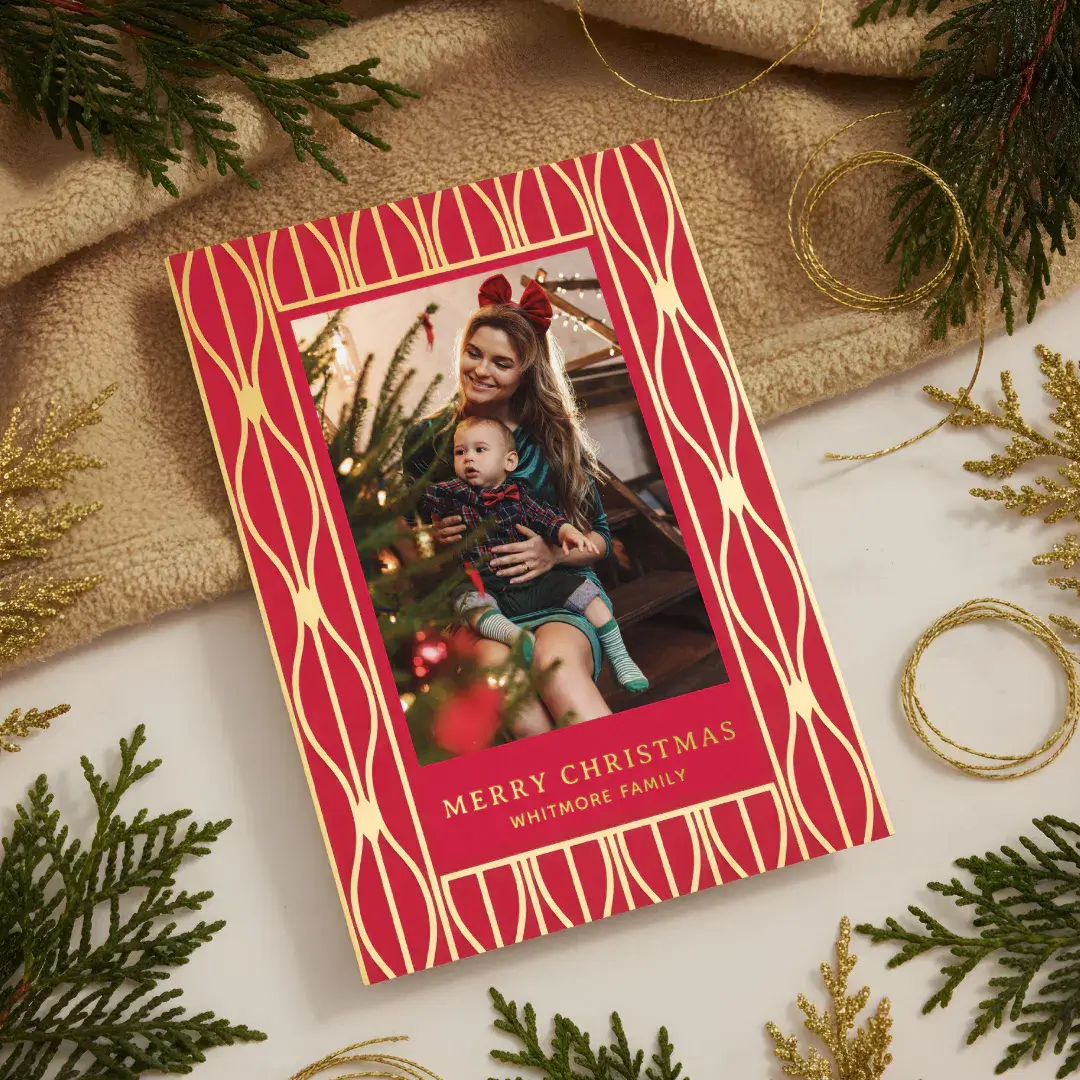 Modern Retro Ornament Pattern Photo Christmas Foil Red Holiday Card