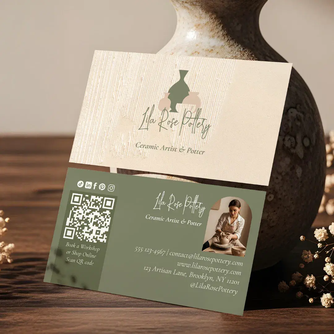 Modern Rustic Minimal Handmade Pottery Ceramic Sage Green Business Card