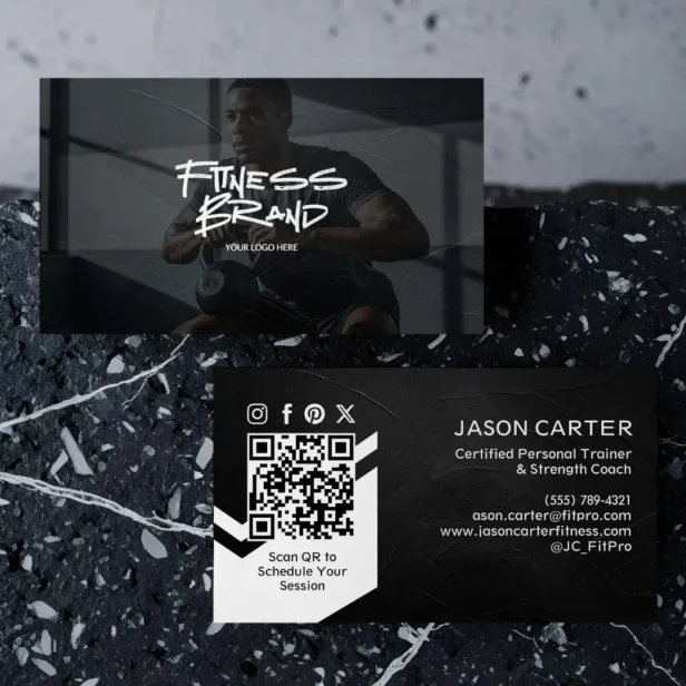 Modern Trendy Sporty Fitness Personal Trainer Grunge Black Texture Business Card