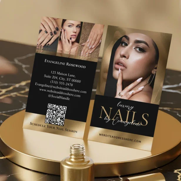 Nail Technician Artist Salon Arch Photo Black Gold Business Card