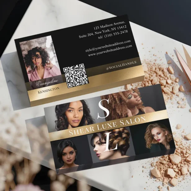 Photo Hair Salon Stylist Luxe Monogram Black Gold Business Card