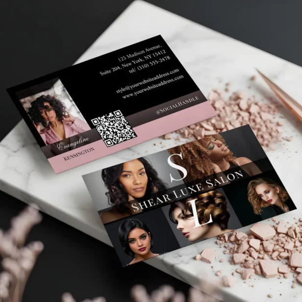 Photo Hair Salon Stylist Luxe Monogram Black Pink Business Card